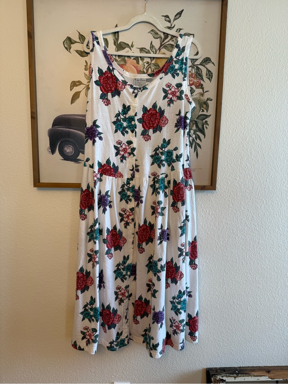Pierre Cardin White Floral Midi Dress with Red & Teal Roses summer dress